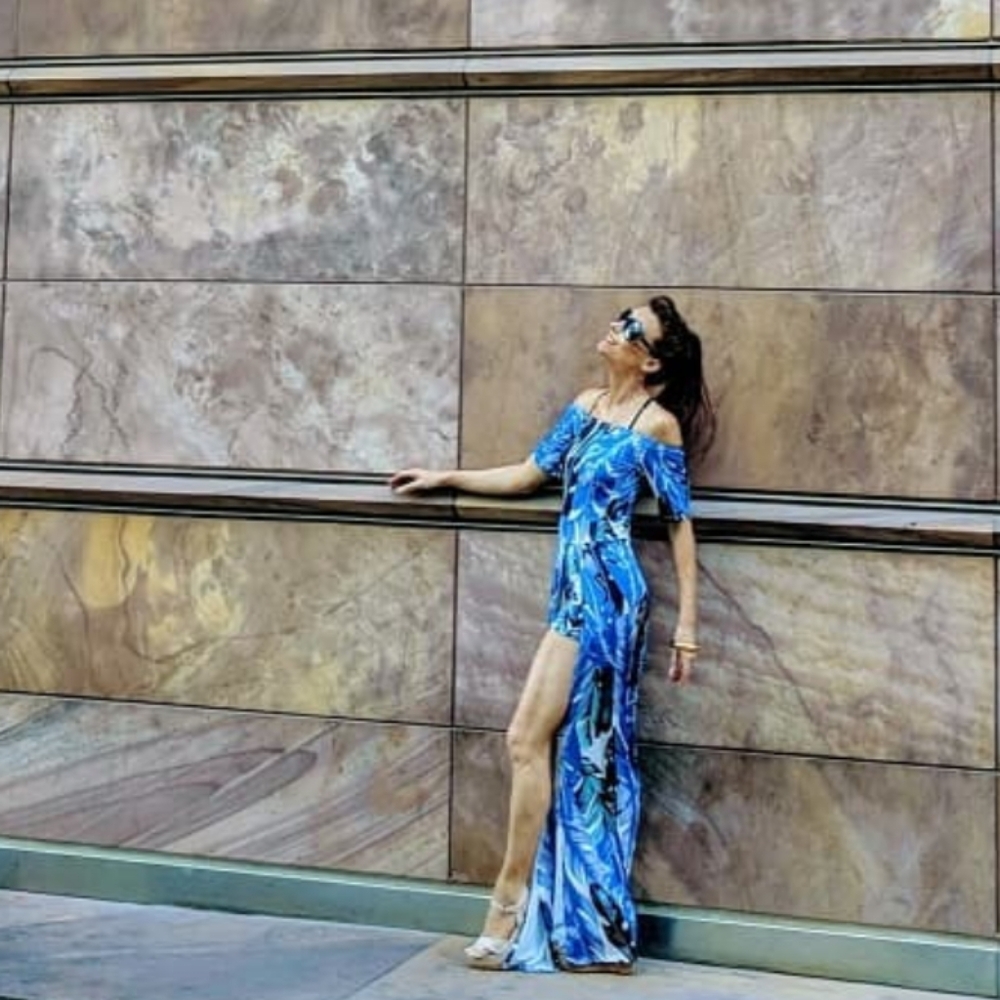 EUC White, Blue, and Black Palm Leaf Print Maxi Romper